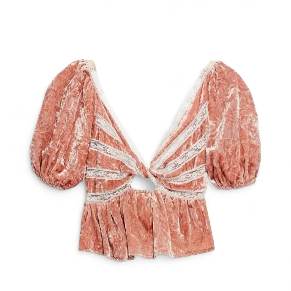 Free People Yours Truly Crushed Velvet Lace Puff Sleeve Peplum Top Pink S Boho